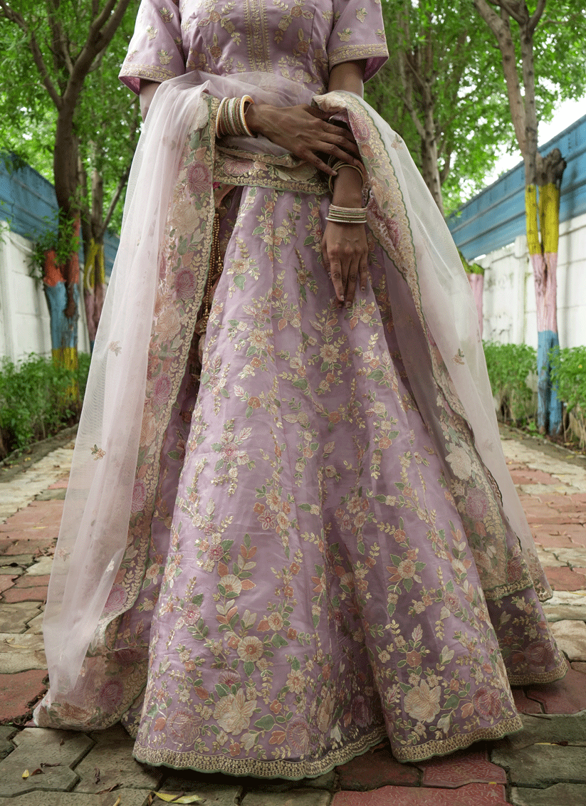 Mauve Tissue Heavy  Embroidered Designer Lehenga Choli