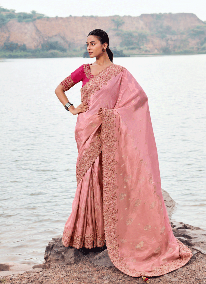 Elegant Pink Organza Silk Saree Featuring Sequins and Stone Embroidery
