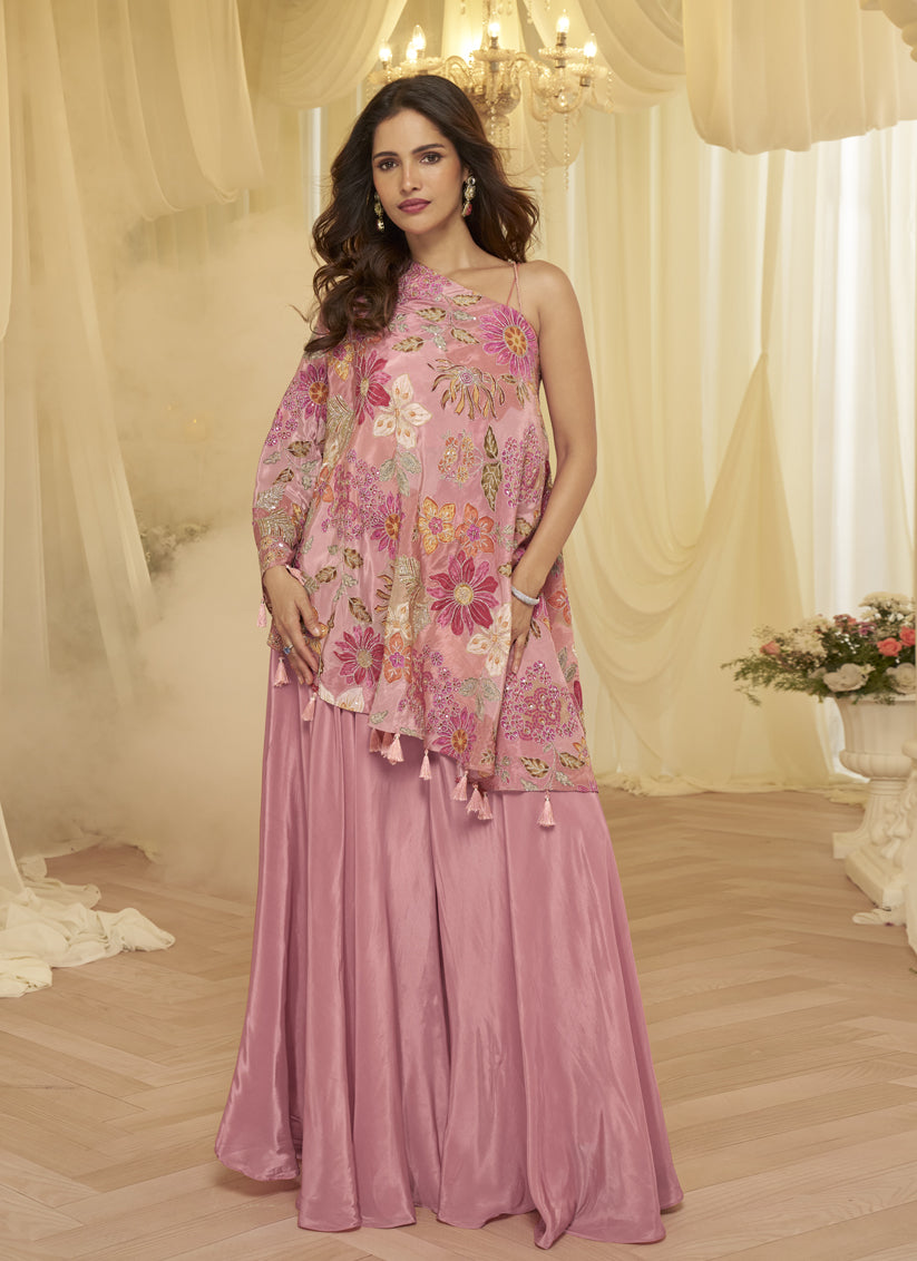 Stylish Pink Embroidered Designer Sharara Suit