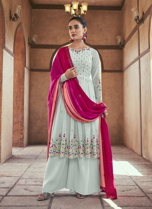Ice Blue Georgette Embroidered Readymade Palazzo Kameez