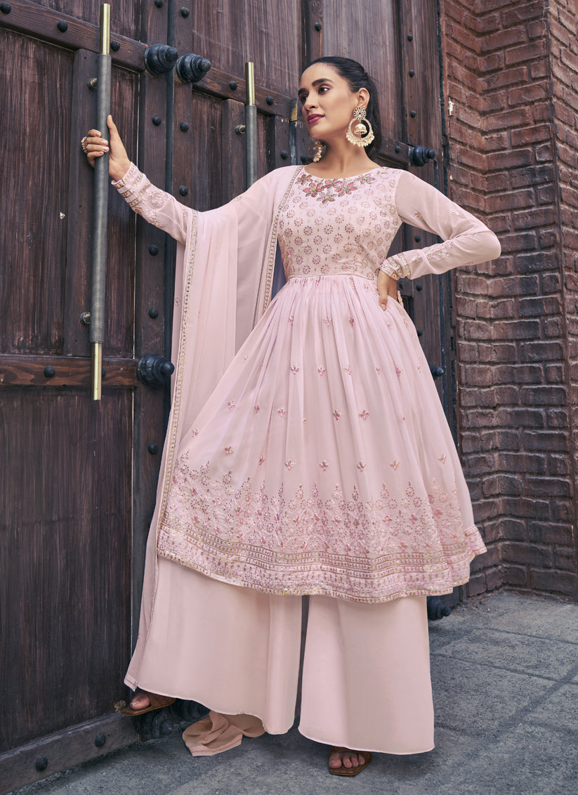 Baby Pink Georgette Embroidered Readymade Palazzo Kameez