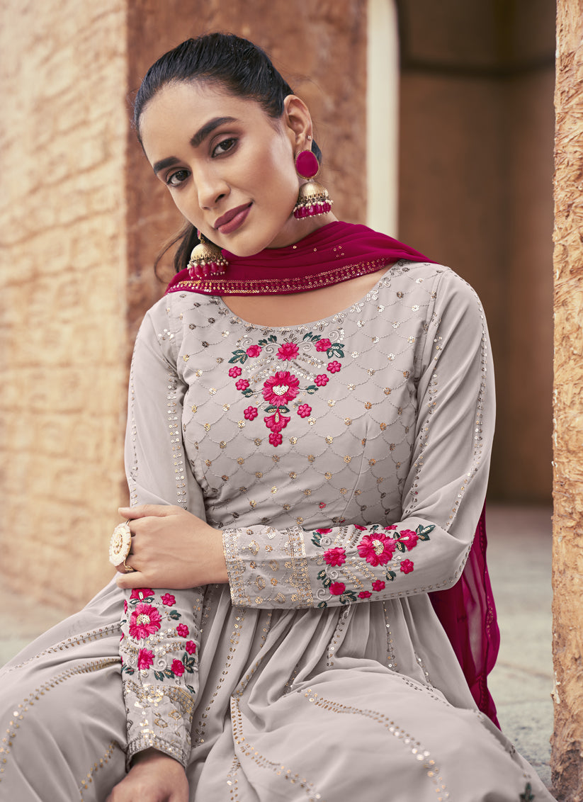 Dusty Grey Georgette Embroidered Readymade Palazzo Kameez