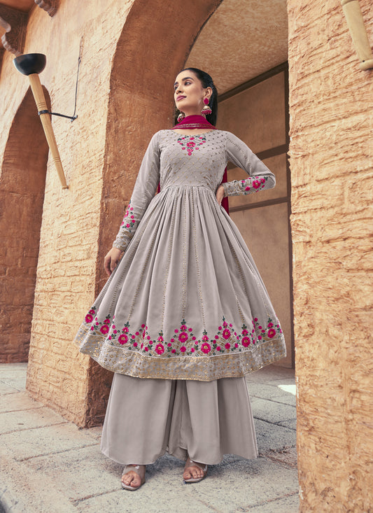 Dusty Grey Georgette Embroidered Readymade Palazzo Kameez