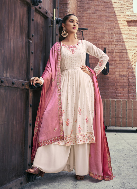 Ivory Georgette Embroidered Readymade Palazzo Kameez