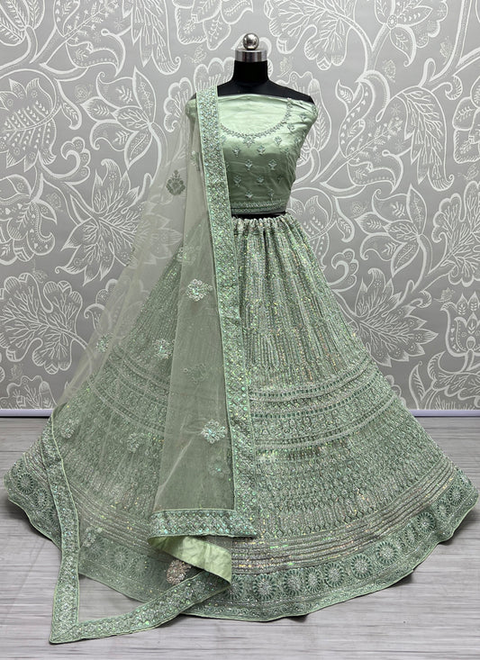 Pistachio Green Net Embroidered Bridal Lehenga Choli