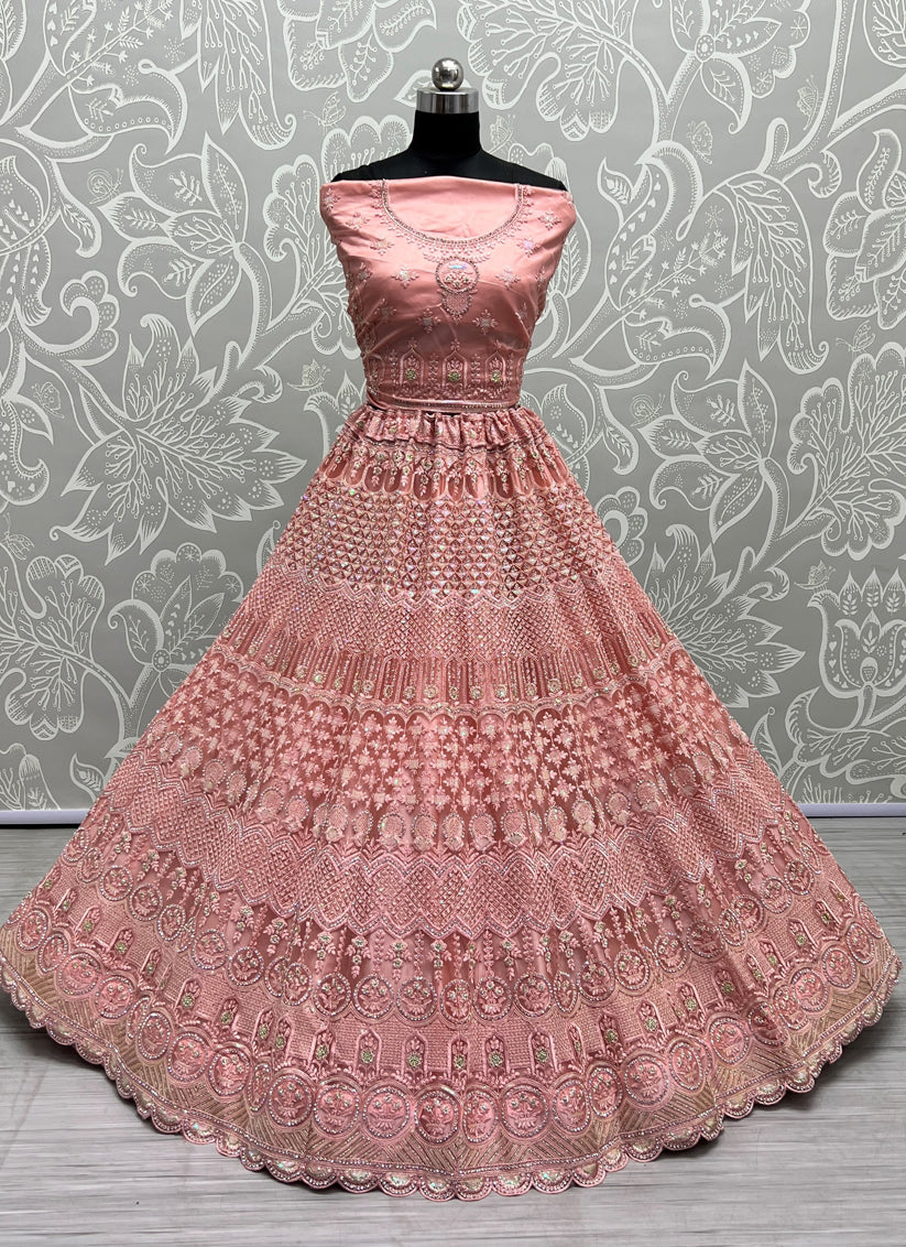Coral Pink Net Embroidered Bridal Lehenga Choli