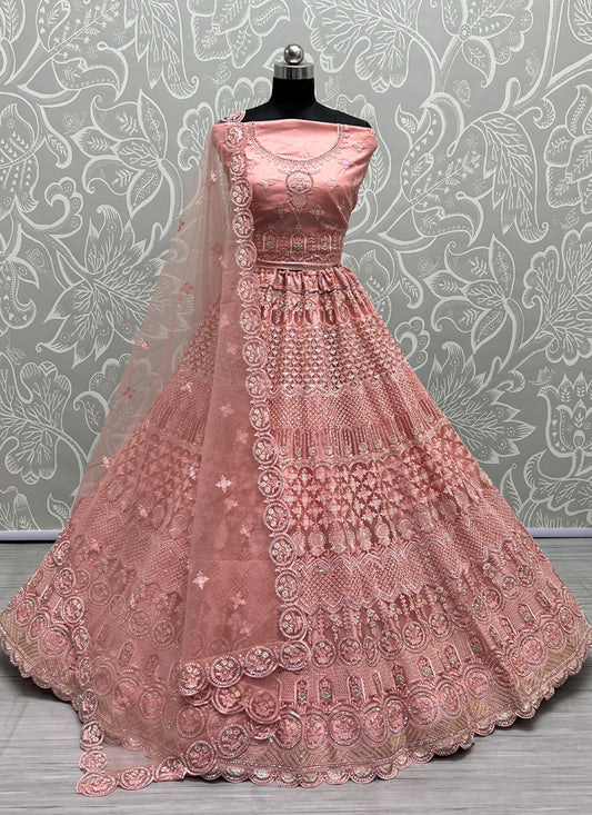 Coral Pink Net Embroidered Bridal Lehenga Choli