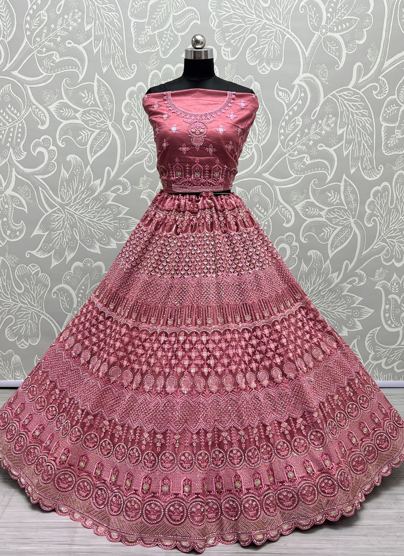 Onion Pink Net Embroidered Bridal Lehenga Choli
