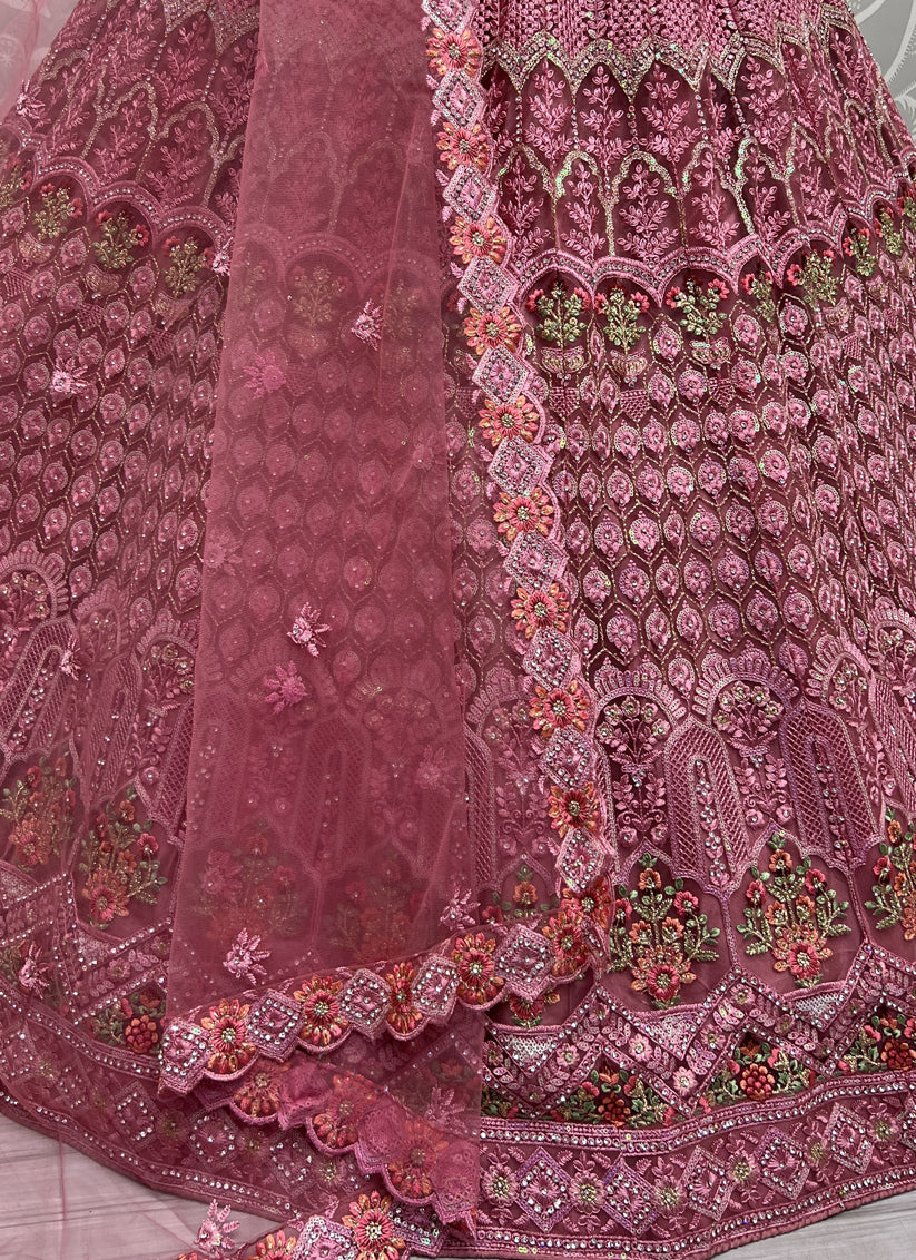Onion Pink Net Embroidered Bridal Lehenga Choli