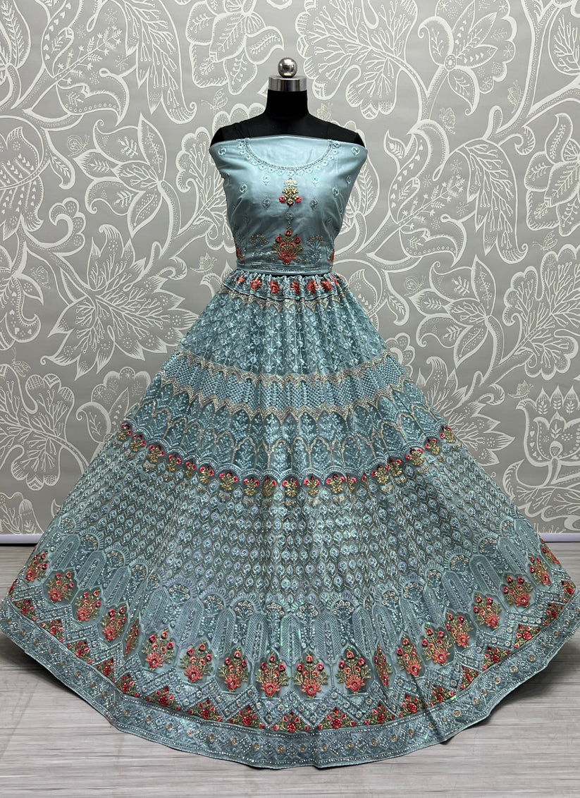 Blue Net Embroidered Bridal Lehenga Choli