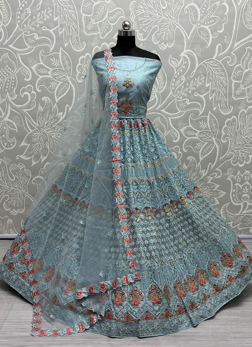 Blue Net Embroidered Bridal Lehenga Choli