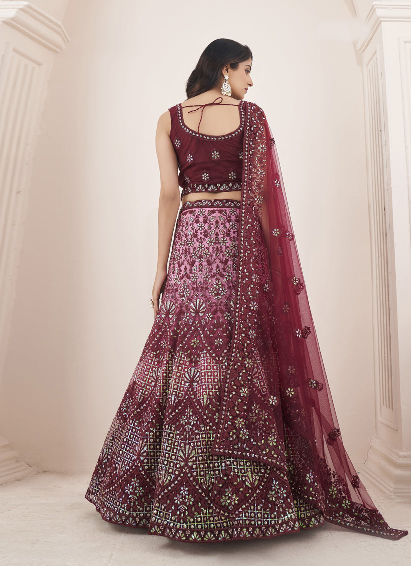 Burgundy Net Embroidered Designer Lehenga Choli