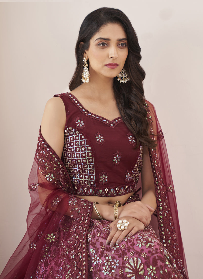 Burgundy Net Embroidered Designer Lehenga Choli