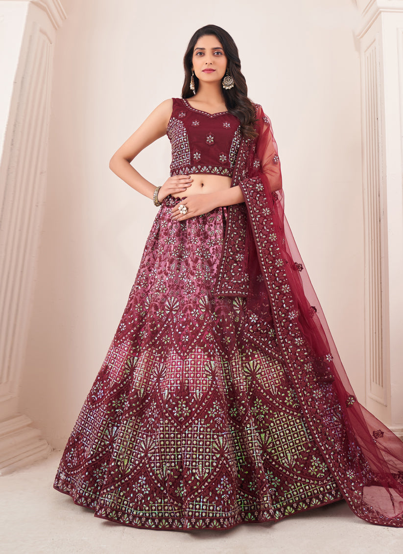 Burgundy Net Embroidered Designer Lehenga Choli