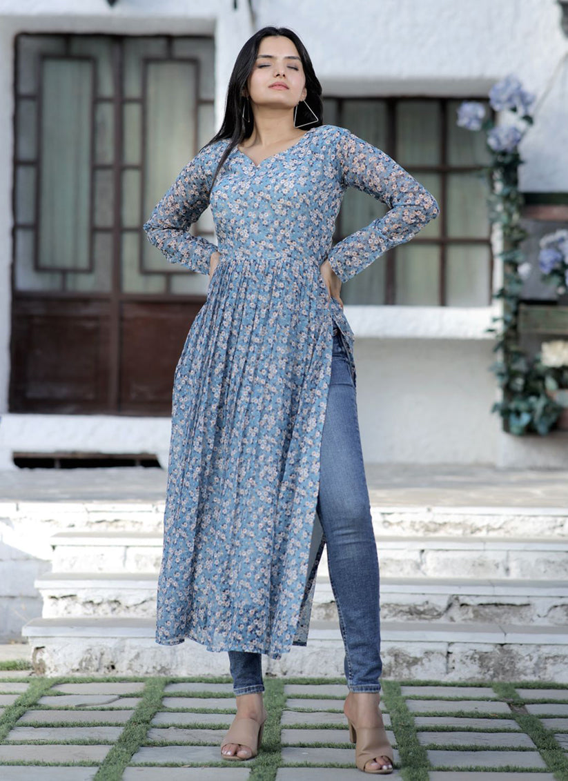 Buy Blue & White Linen Floral Print Kurti with Navy Blue Cotton Silk Pants  Kurti Set - Kurti Set Online in India | Colorauction