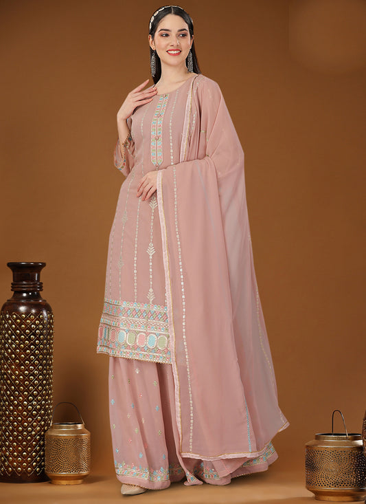 Old Rose Pink Georgette Embroidered Palazzo Kameez