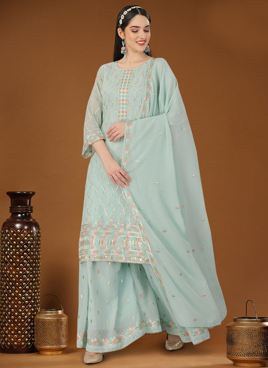 Ice Blue Georgette Embroidered Palazzo Kameez