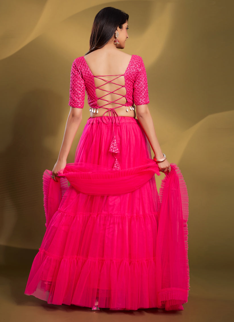 Hot Pink Net Sequins Lehenga Choli