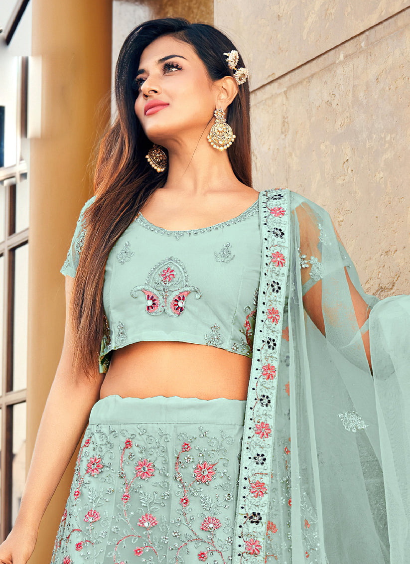 Mint Blue Heavy Embroidered Lehenga Choli