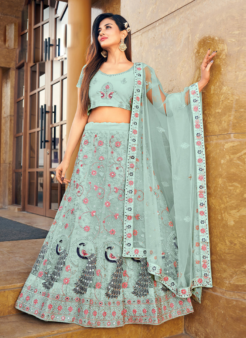 Mint Blue Heavy Embroidered Lehenga Choli