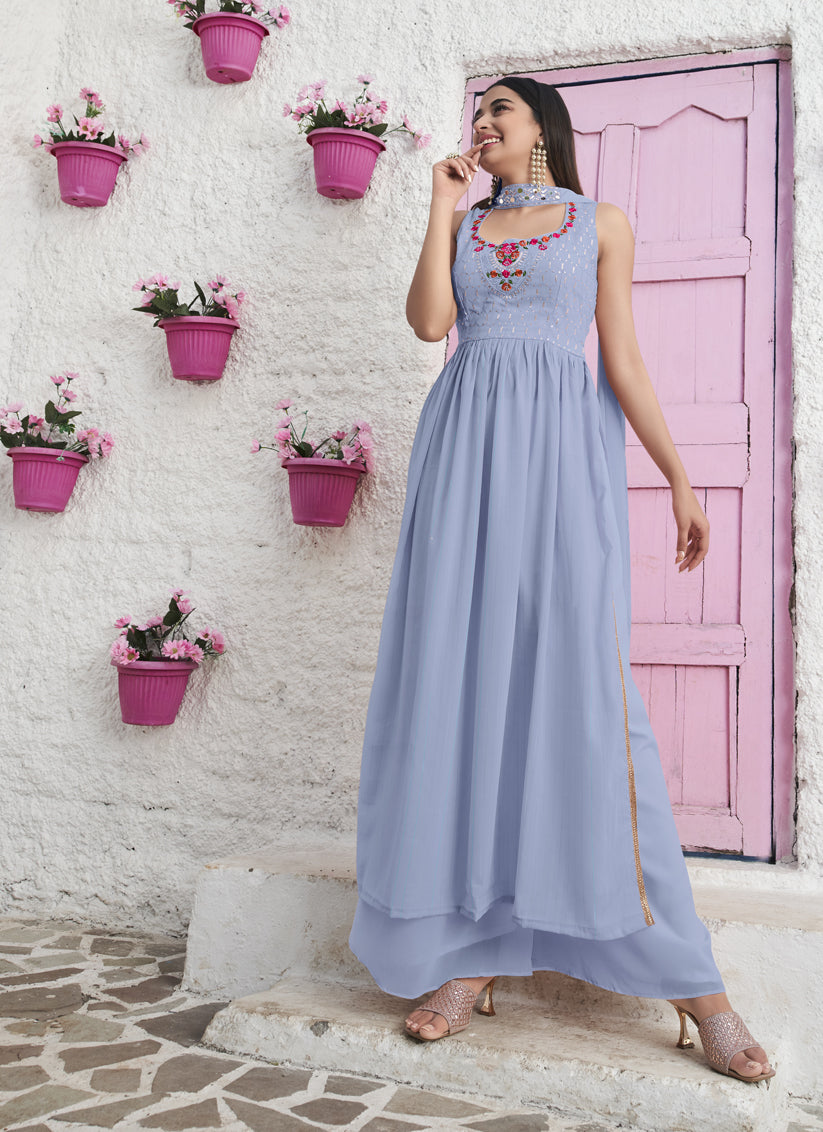 Sky Blue Georgette Embroidered Readymade Palazzo Kameez