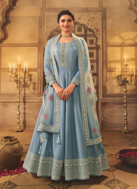 Prachi Desai Livid Blue Dola Silk Embroidered Anarkali Suit
