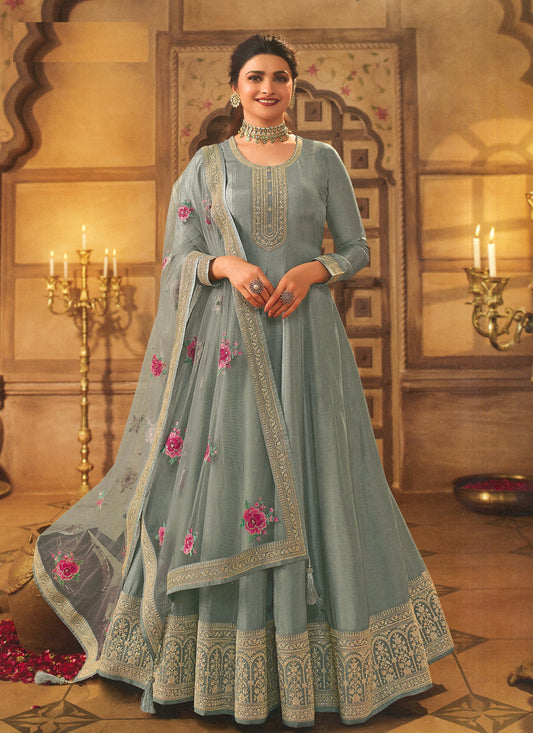 Prachi Desai Ash Grey Dola Silk Embroidered Anarkali Suit