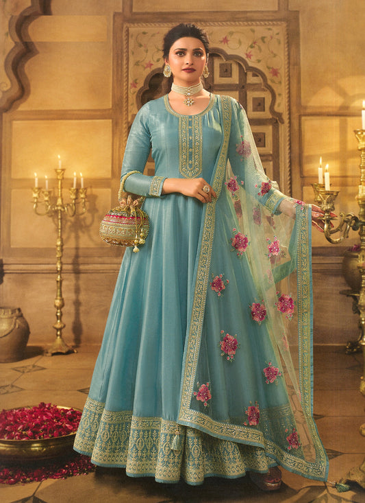 Prachi Desai Mint Blue Dola Silk Embroidered Anarkali Suit