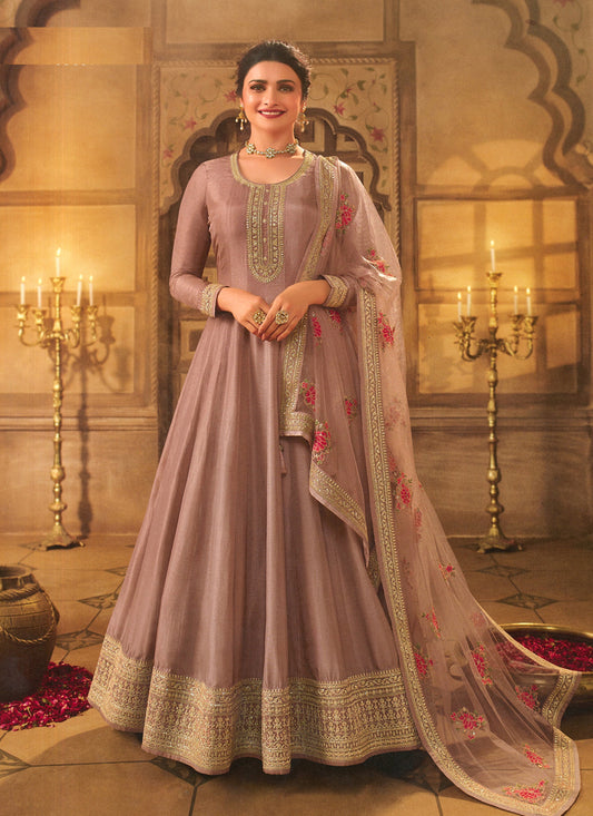 Prachi Desai Rose Gold Dola Silk Embroidered Anarkali Suit