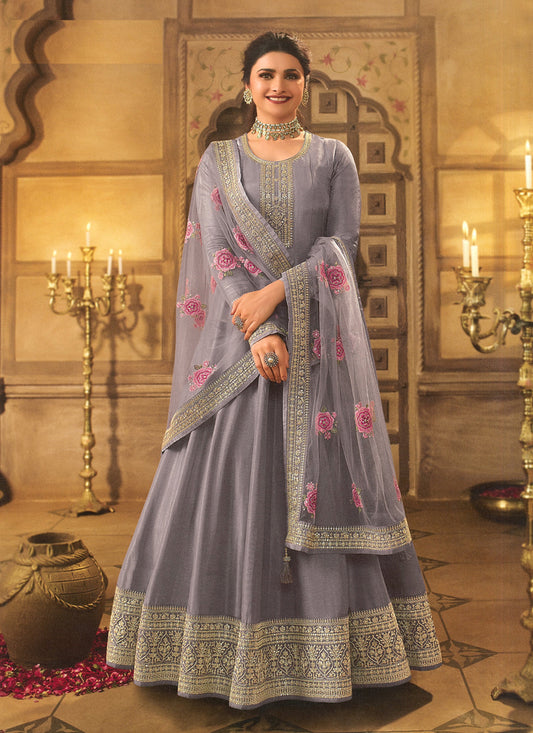 Prachi Desai Steel Grey Dola Silk Embroidered Anarkali Suit