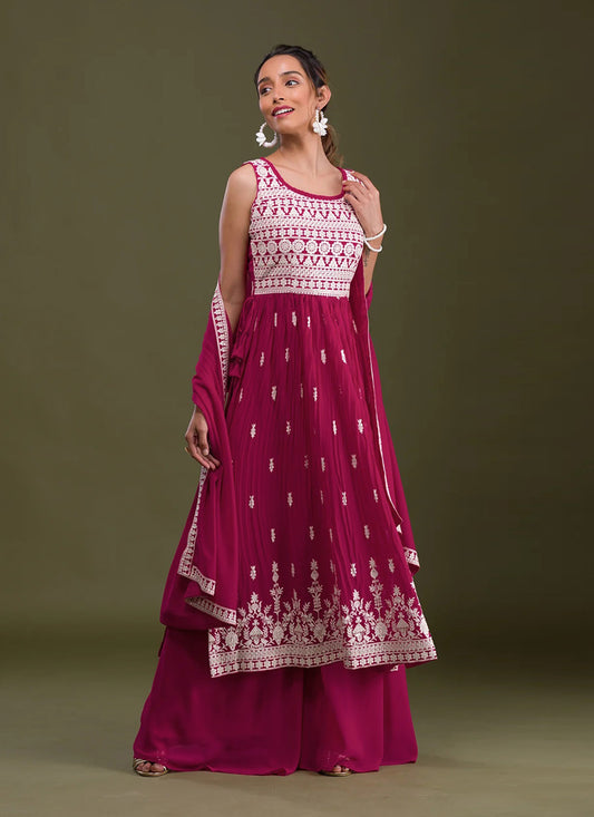 Magenta Faux Georgette Embroidered Palazzo Kameez
