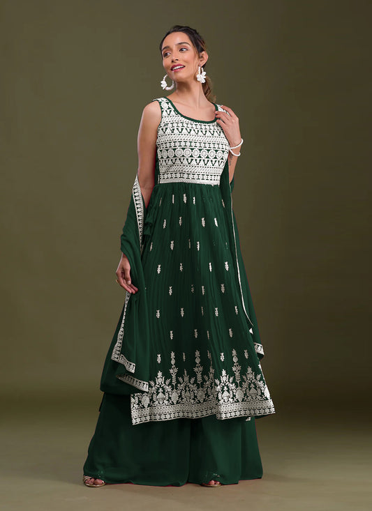 Bottle Green Faux Georgette Embroidered Palazzo Kameez