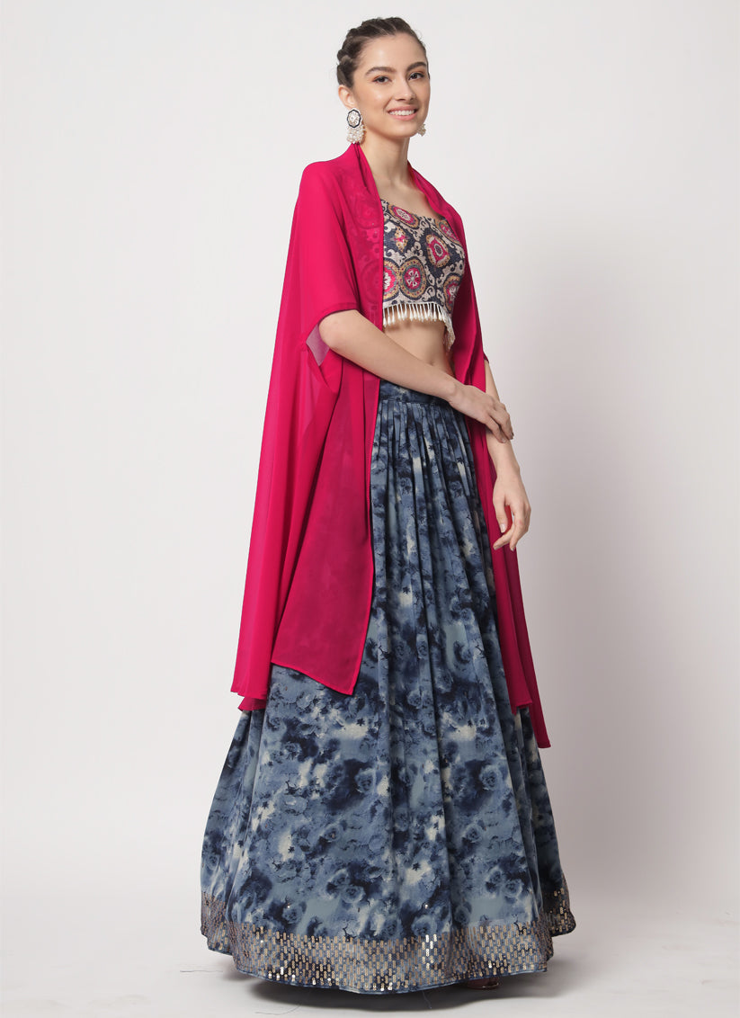 Slate Blue Chinnon Silk Lehenga with Embroidered Choli