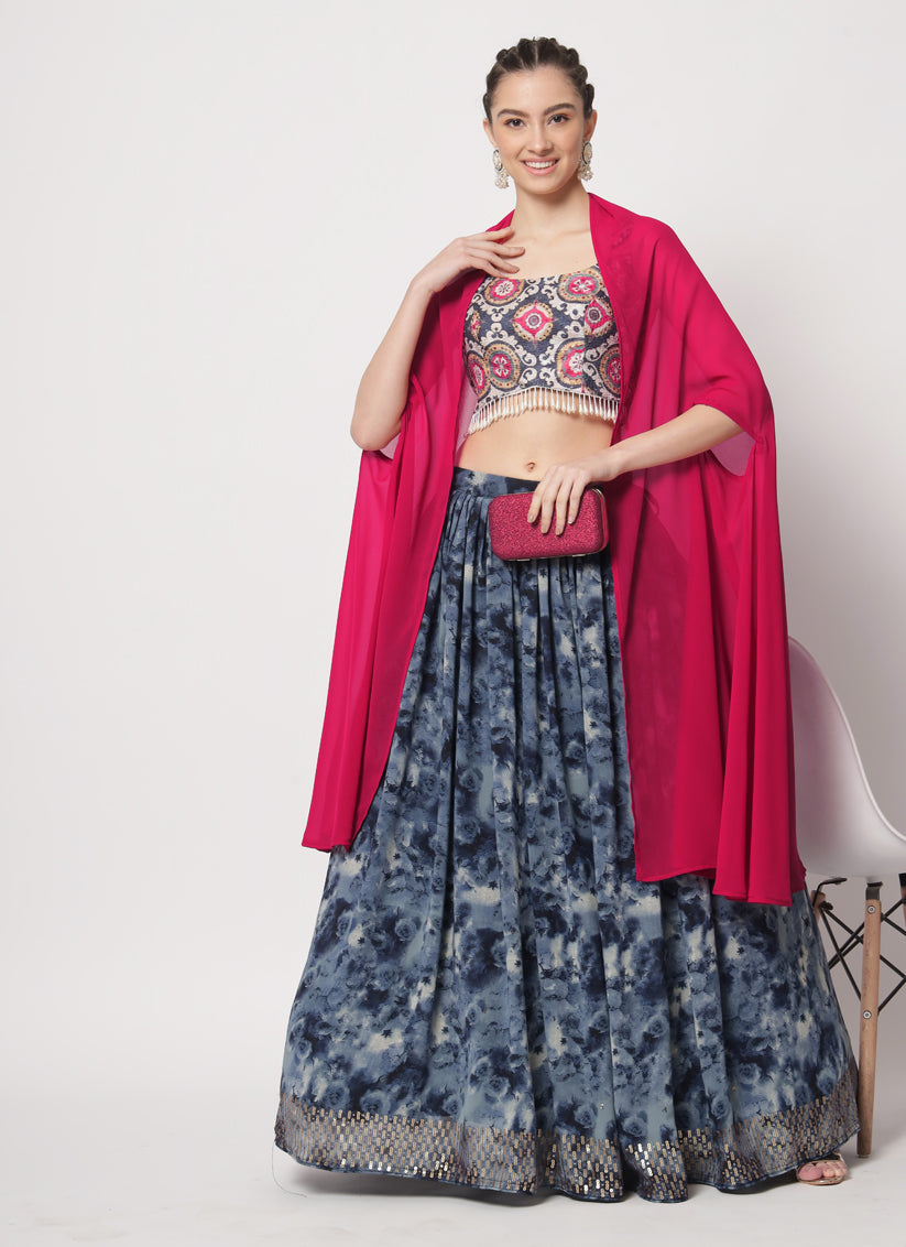 Slate Blue Chinnon Silk Lehenga with Embroidered Choli