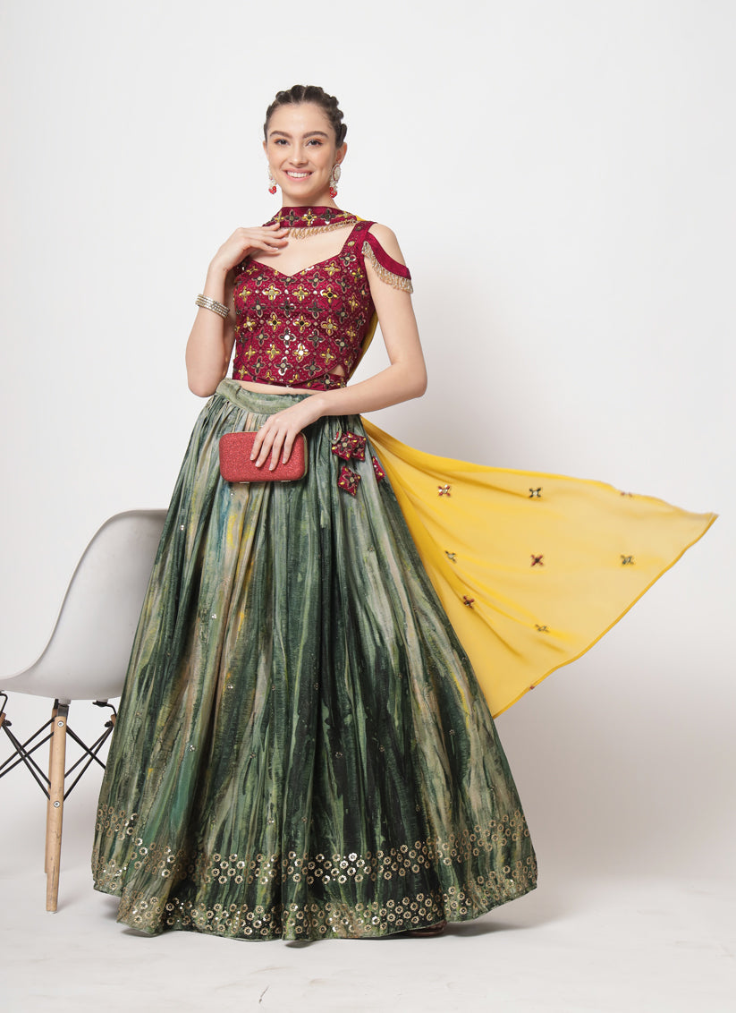 Moss Green Chinnon Silk Lehenga with Embroidered Choli