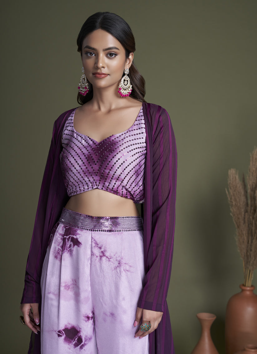 Lilac Silk Palazzo with Crop Top and Jacket