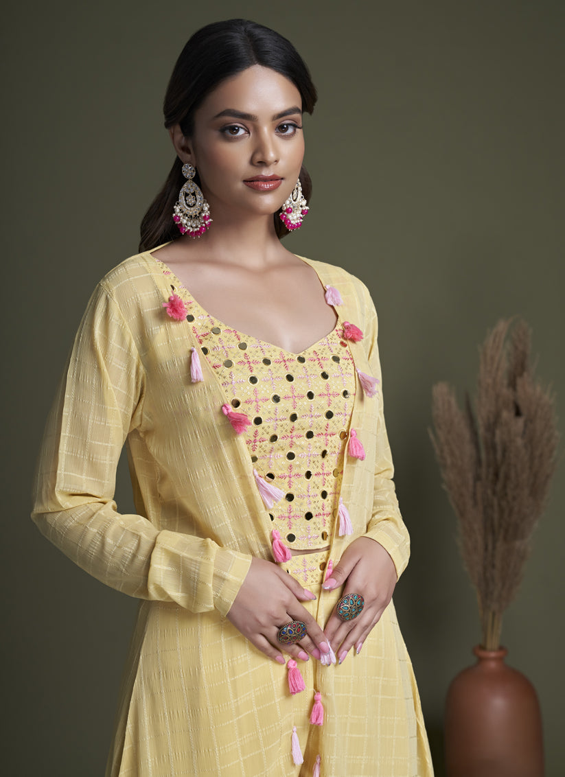 Lemon Yellow Georgette Palazzo with Crop Top and Jacket