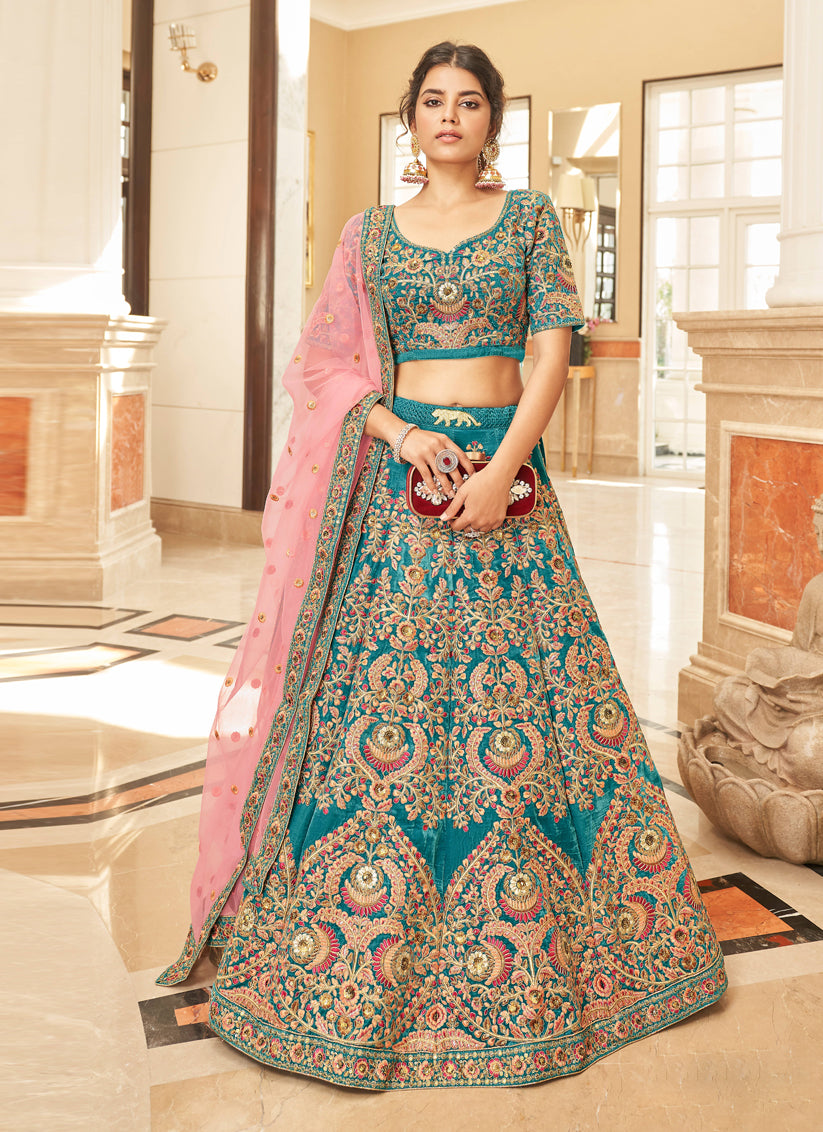 Morpich Velvet Designer Lehenga Choli