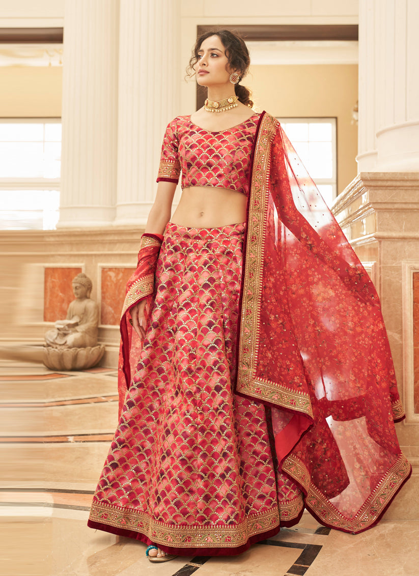 Coral Red Art Silk Designer Lehenga Choli