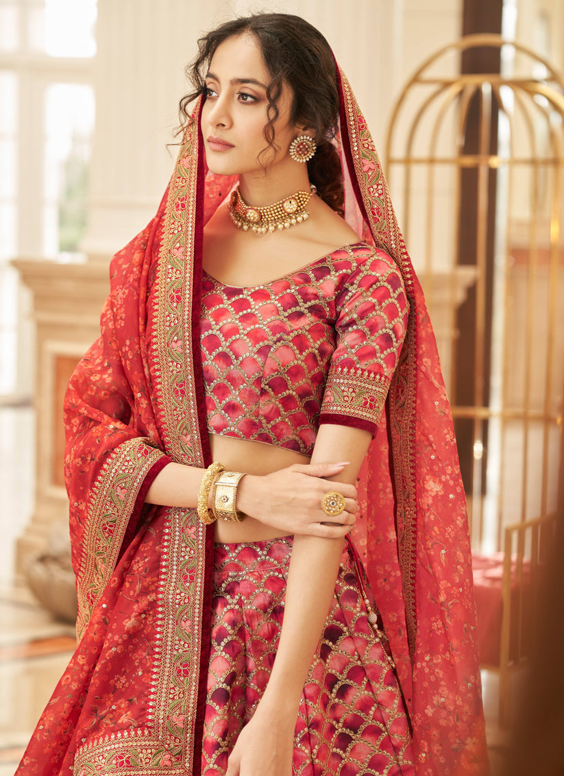 Coral Red Art Silk Designer Lehenga Choli