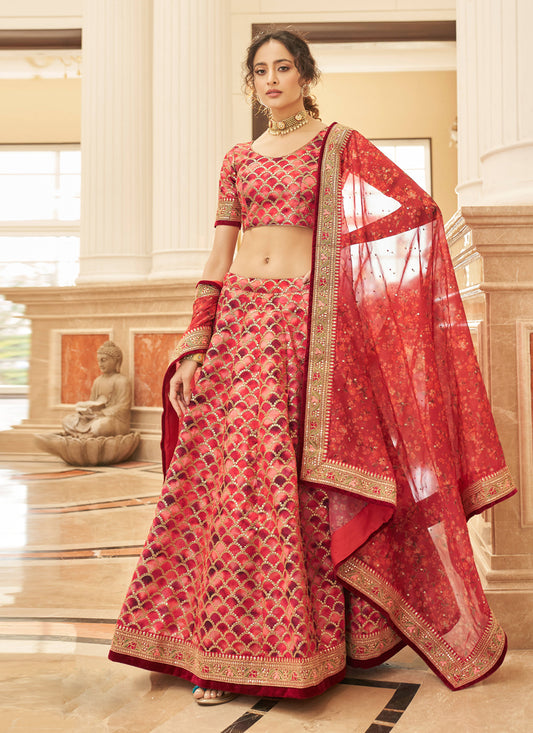 Coral Red Art Silk Designer Lehenga Choli