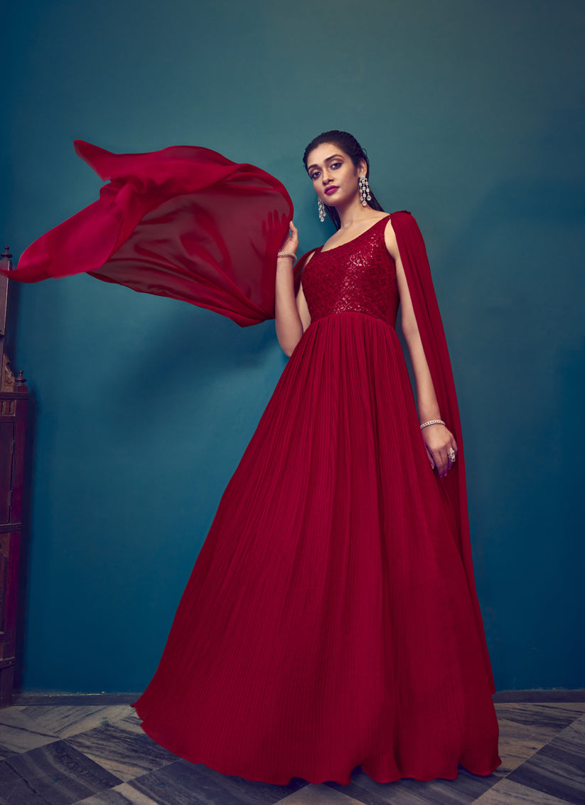 Red Georgette Embroidered Gown