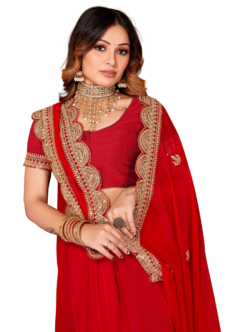 Hot Red Georgette Embroidered Saree
