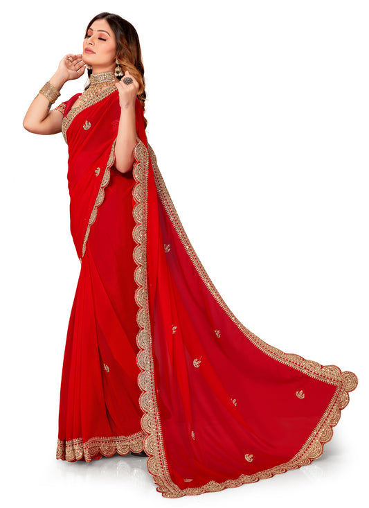 Hot Red Georgette Embroidered Saree
