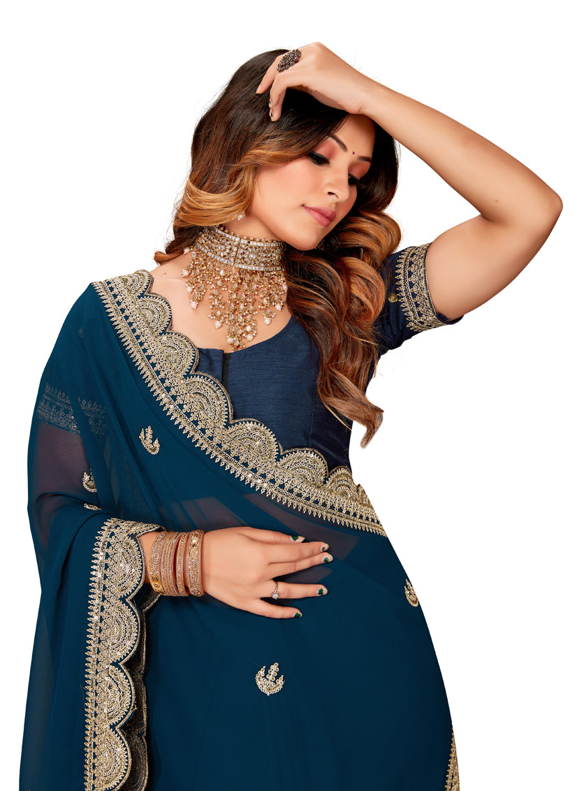Prussian Blue Georgette Embroidered Saree