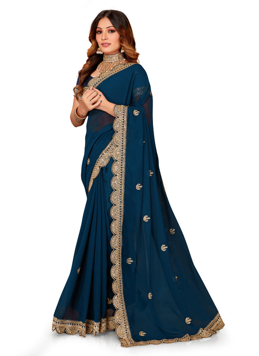 Prussian Blue Georgette Embroidered Saree