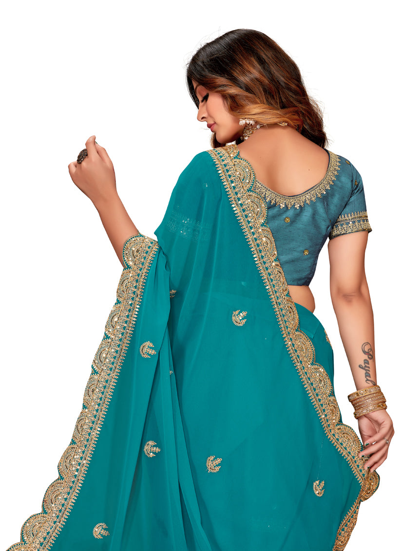 Teal Blue Georgette Embroidered Saree