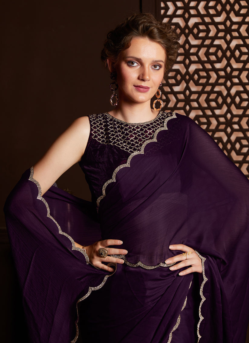 Burgundy Satin Silk Chiffon Embellished Saree