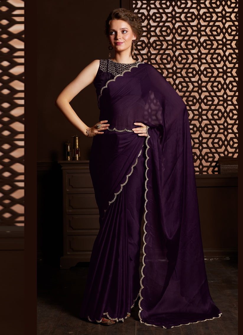 Burgundy Satin Silk Chiffon Embellished Saree