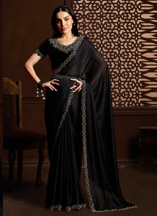 Black Satin Silk Chiffon Embellished Saree